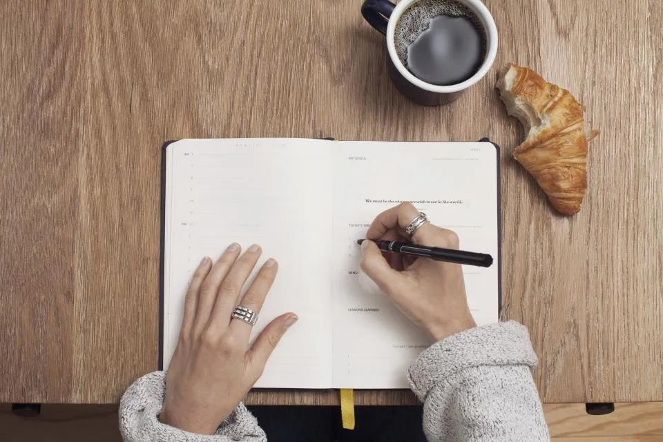 Prise de notes dans un carnet autour d’un café