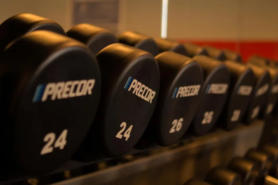 Rangée d’haltères dans une salle de sport