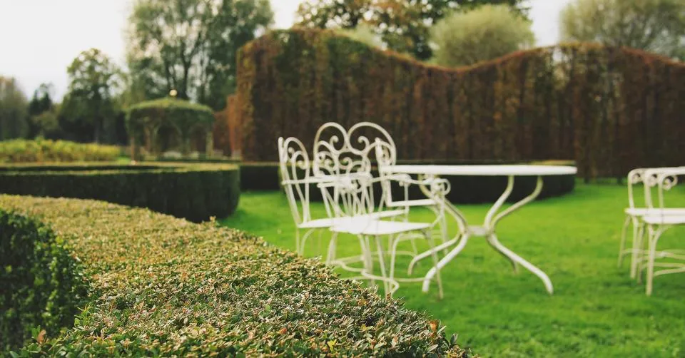 Jardin soigné avec haies taillées et salon de jardin