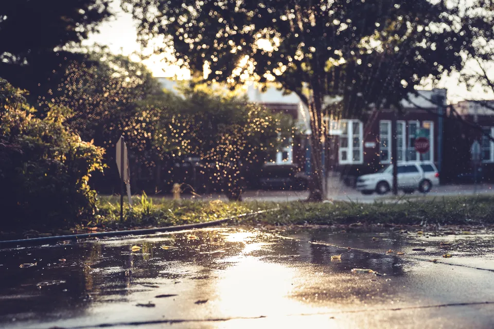 Arrosage d’une pelouse au coucher du soleil